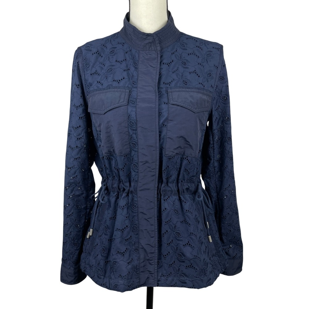 GAP Women's Utility Field Jacket Small Navy Eyelet Drawstring Waist Snap Front